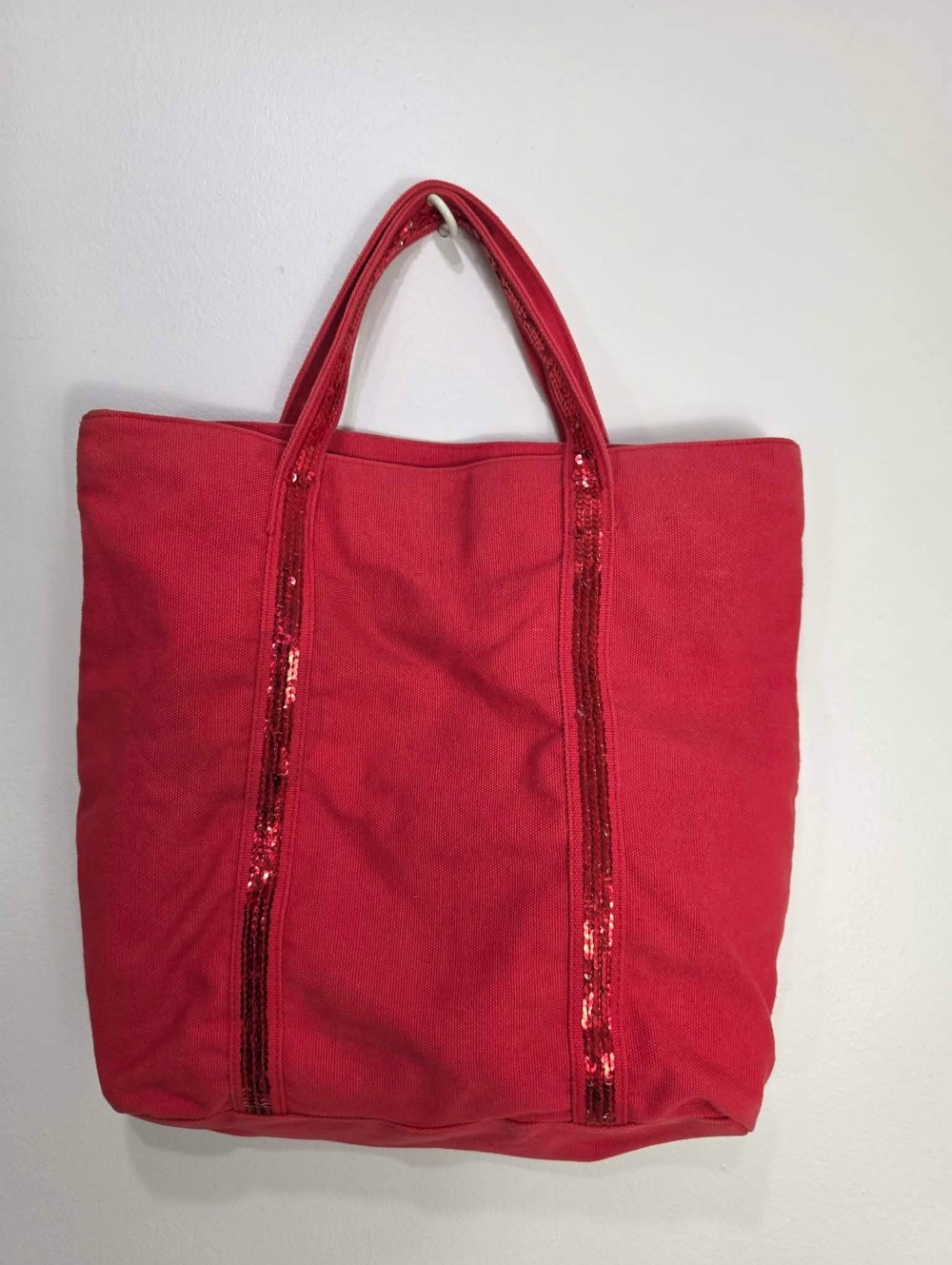 Clarins Red Sequin-Trim Canvas Tote Bag